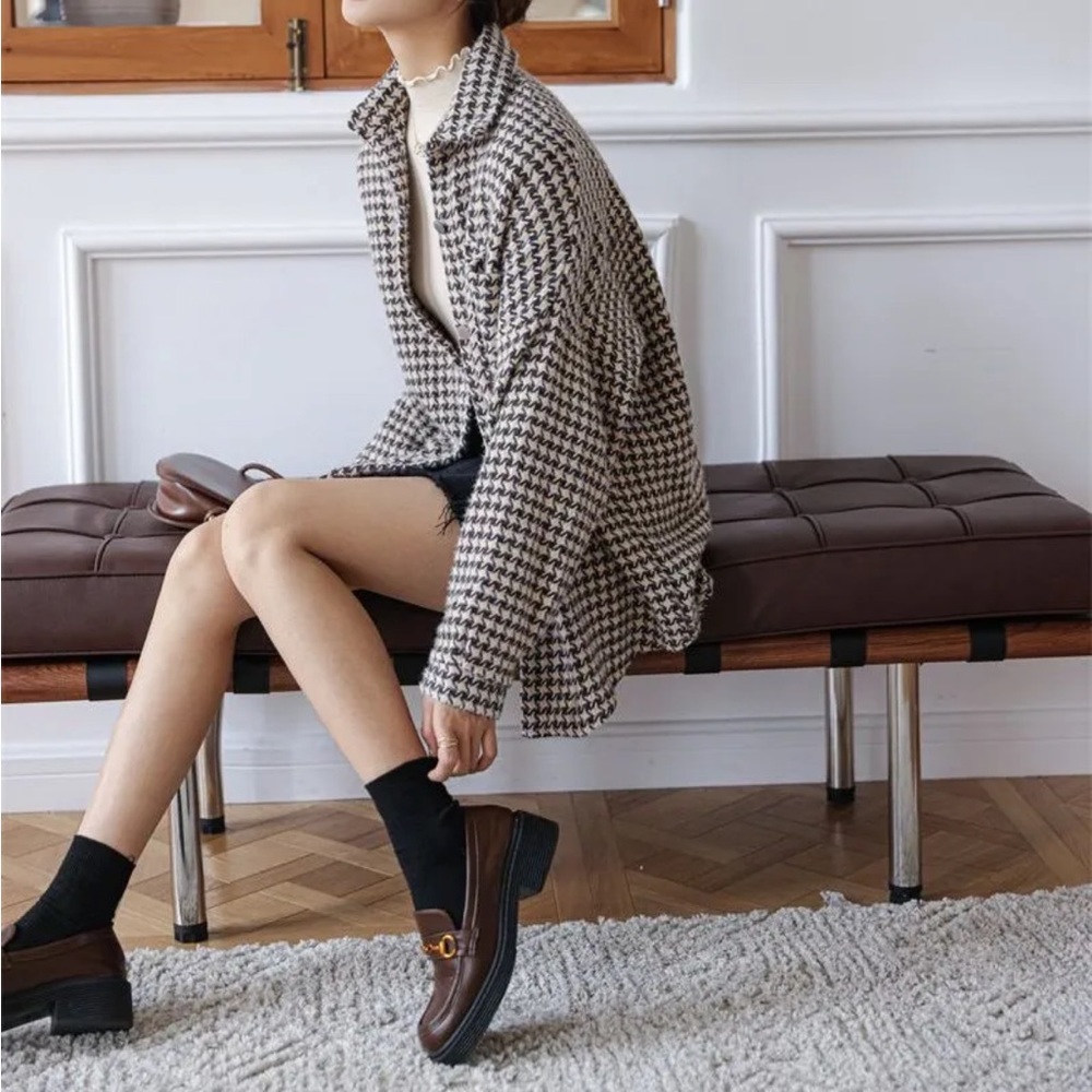 Zara Woman’s Houndstooth Plaid Tweed Button Down Oversize Shirt Jacket  Shacket